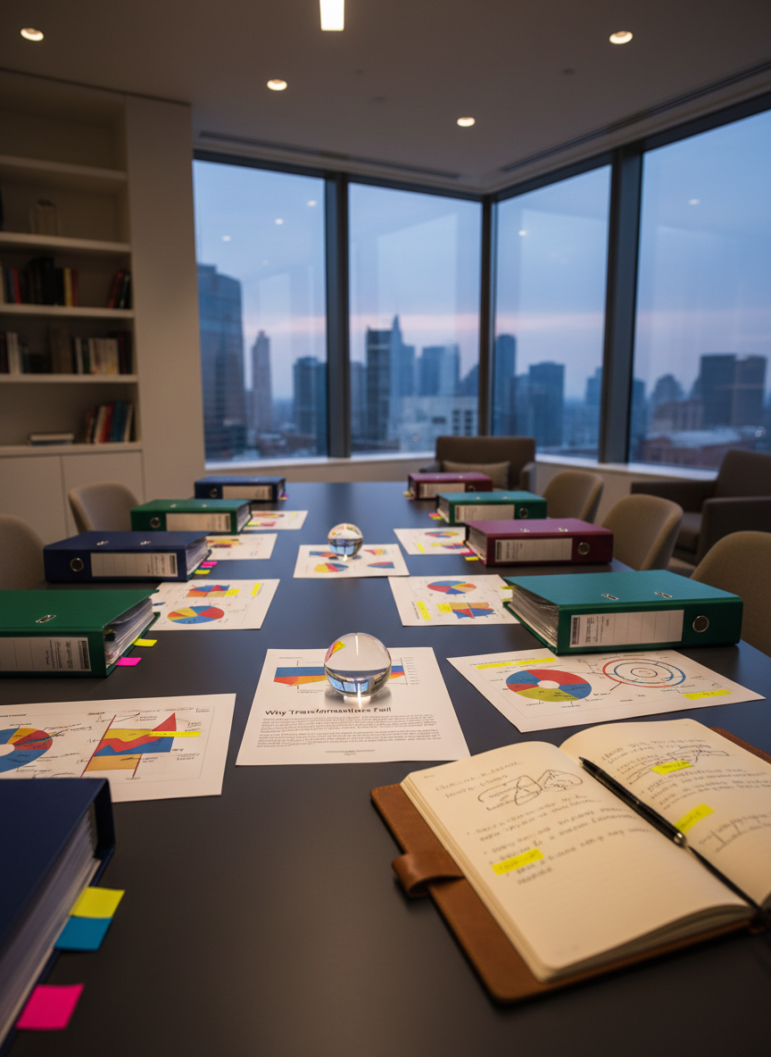 A meticulously organized executive strategy workspace with a large, matte charcoal table covered in neatly arranged, printed case-study binders, color-coded sticky flags, and a single open leather notebook filled with handwritten diagnostic notes and arrows. At the center, a sleek glass paperweight rests on a page titled “Why Transformations Fail,” surrounded by annotated charts with key passages highlighted rather than any visible text. The scene is set in a high-floor corner office with floor-to-ceiling windows revealing a blurred city skyline at dusk. Soft, indirect evening light and warm recessed ceiling lighting create a sophisticated, contemplative mood. Shot at eye level in photographic realism, with shallow depth of field that keeps the central diagnostic materials in sharp focus while the expansive office and skyline fall into an elegant blur.