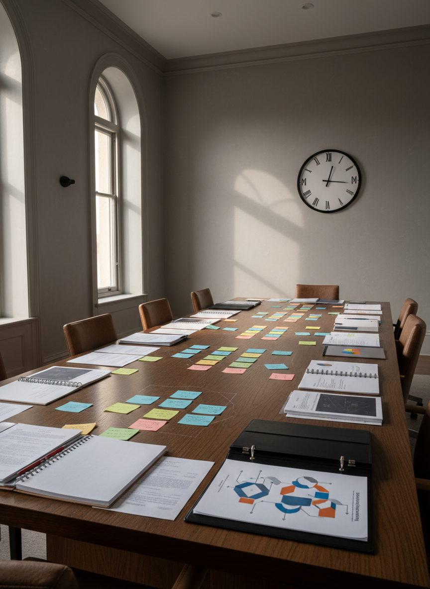 An elegant consulting “war room” captured in photographic realism: a long, custom oak table nearly covered by a curated spread of printed case materials, oversized sticky sheets with faint, blurred writing, and a precise arrangement of color-coded index cards forming distinct clusters that suggest a diagnostic framework. At the far end, a single, open binder displays a complex, high-level transformation roadmap represented only by abstract shapes and arrows instead of readable text. The room has tall, matte grey walls, a single large analog clock, and no digital screens. Soft morning light enters from tall windows on one side, creating long, gentle shadows across the table. Shot from a wide, slightly elevated angle, the atmosphere feels focused, high-stakes, and distinctly senior-executive oriented.