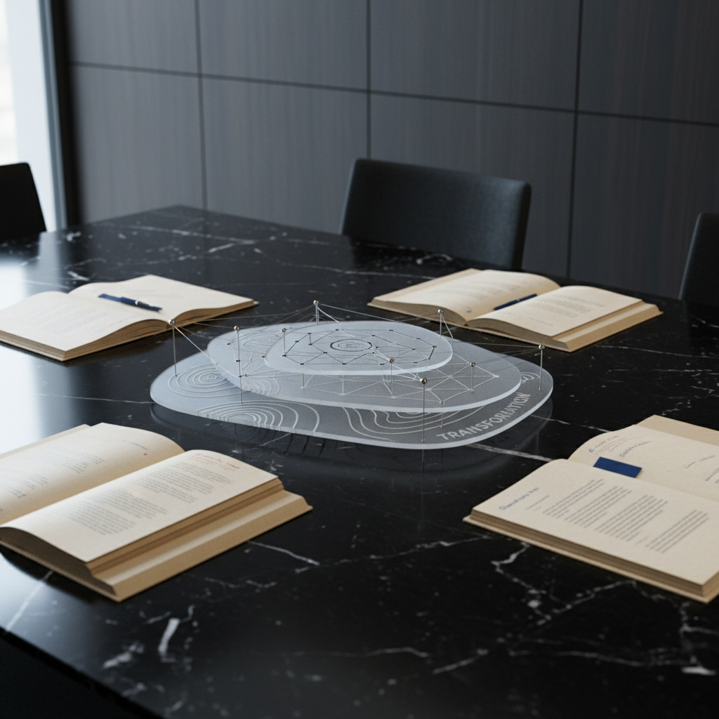 A close-up, photographic-real image of a black marble conference table displaying a structured diagnostic methodology in physical form: three overlapping, translucent acrylic layers, each etched with abstract patterns representing transformation, operations, and data. Thin, metallic markers connect the layers, forming a precise, almost architectural network. Around the structure lie a few thick, unbranded case-study folders slightly open, revealing pages filled with dense, blurred content and margin annotations, suggesting real-world scenarios. The setting is a minimalist, modern boardroom with dark wood paneling and no screens or devices. Cool, diffused daylight from a large unseen window washes across the scene, creating crisp reflections on the acrylic and marble. Captured from a slightly elevated angle with balanced composition, the mood is analytical, methodical, and quietly confident.